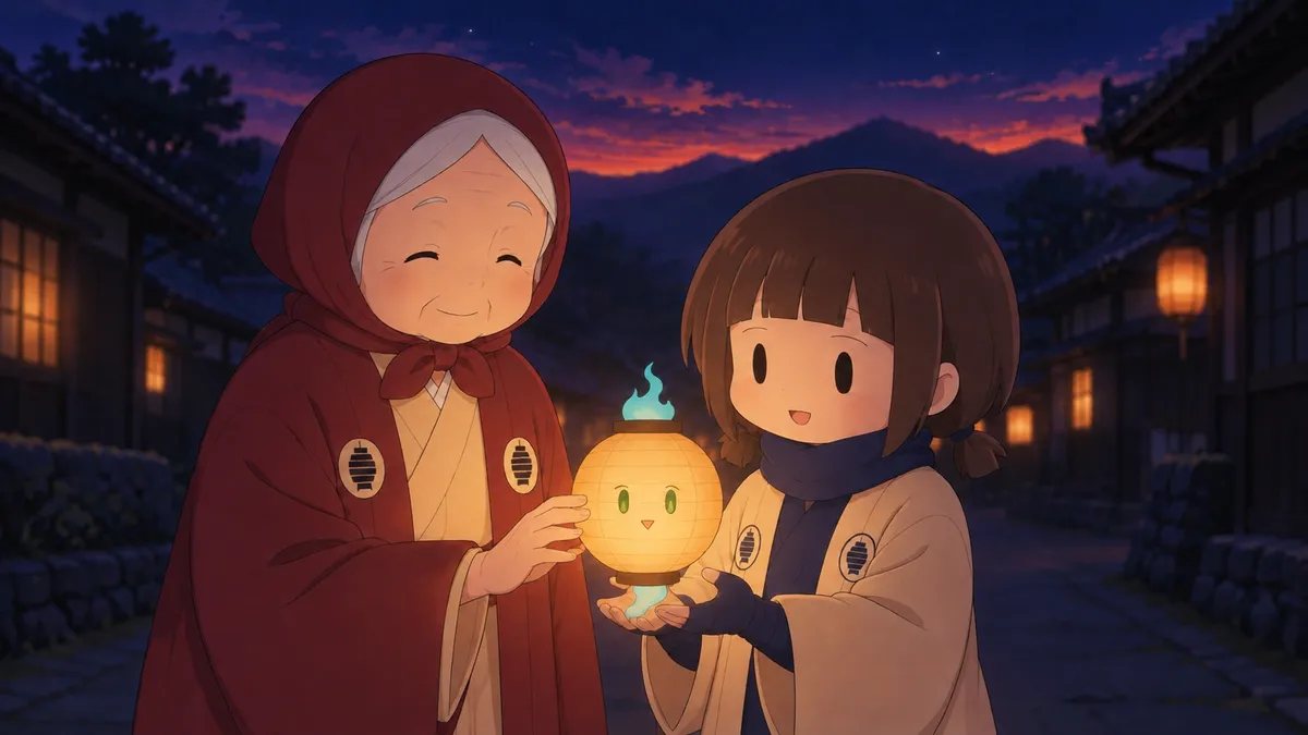 ともばあが、顔のある提灯「ひぶくろ」を、女の子の手にわたす。