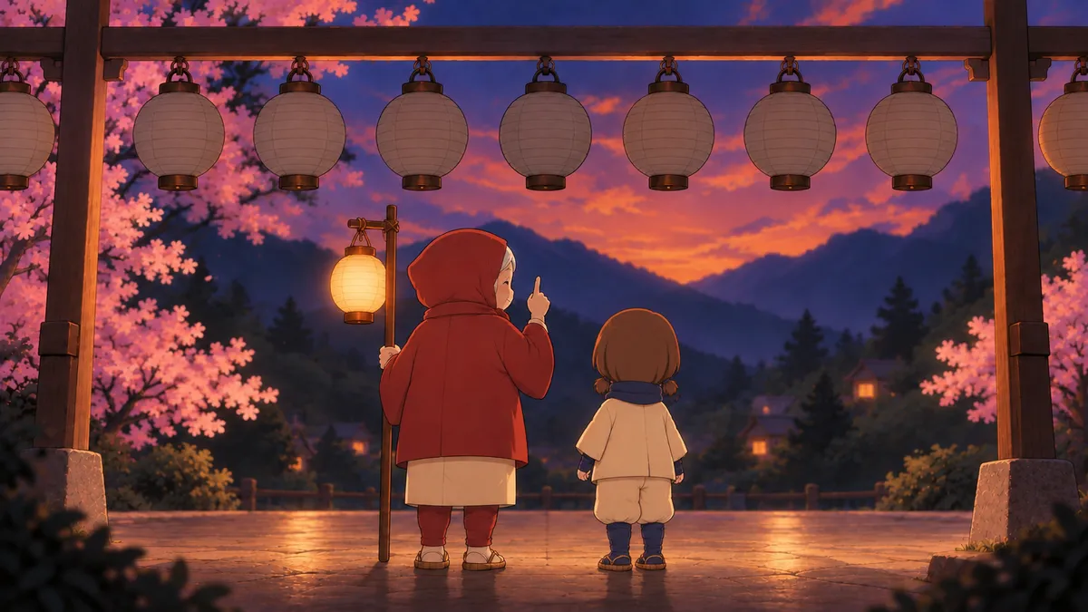 夕焼けの空の下、ならんだ提灯。