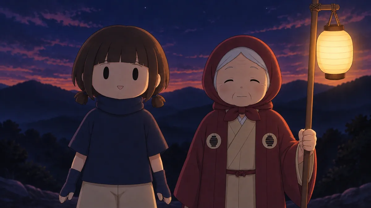 提灯を持つともばあと、女の子。