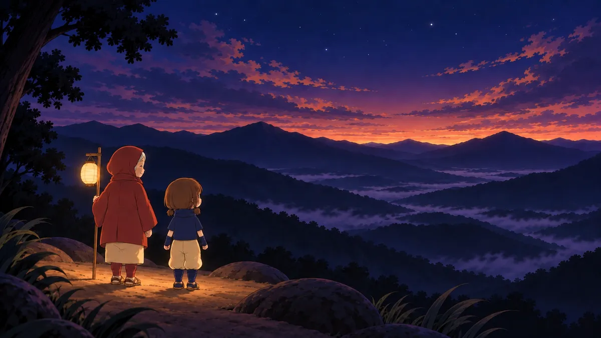 星空と雲海を見わたす、ともばあと女の子の背中。