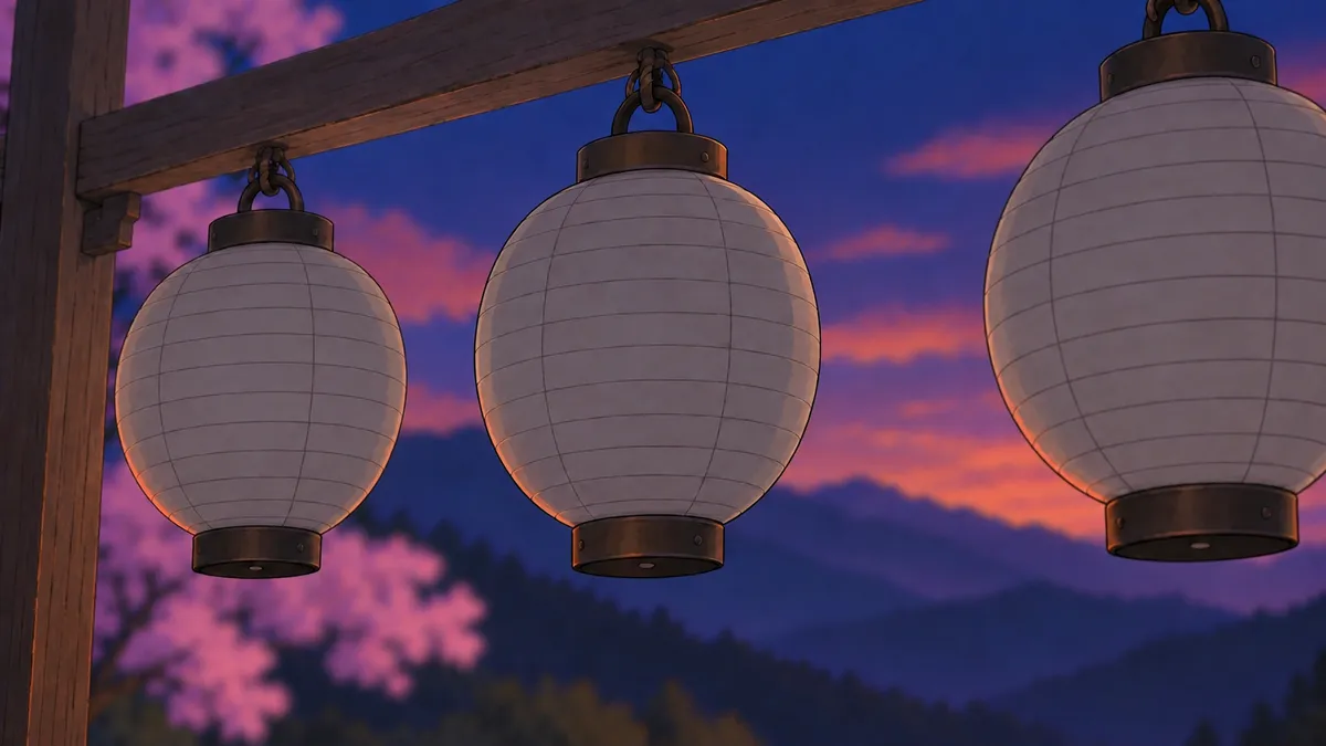 夕空の下、まだ火のともっていない白い提灯。