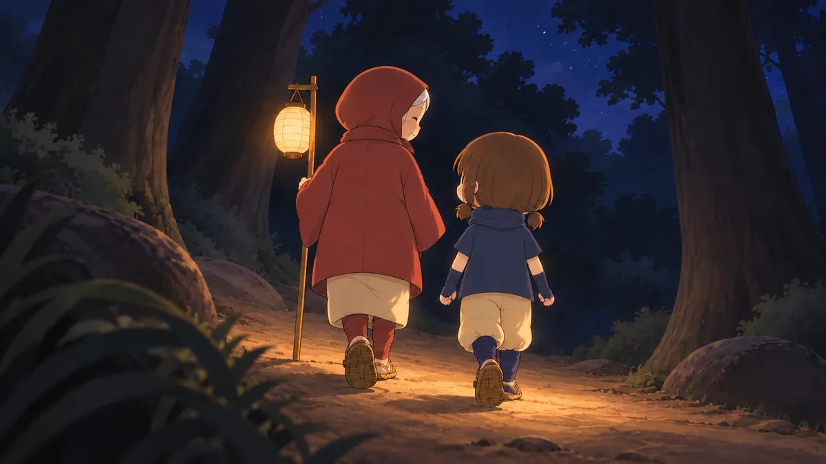提灯を持ったともばあと、女の子が、夕方の山道を歩く。