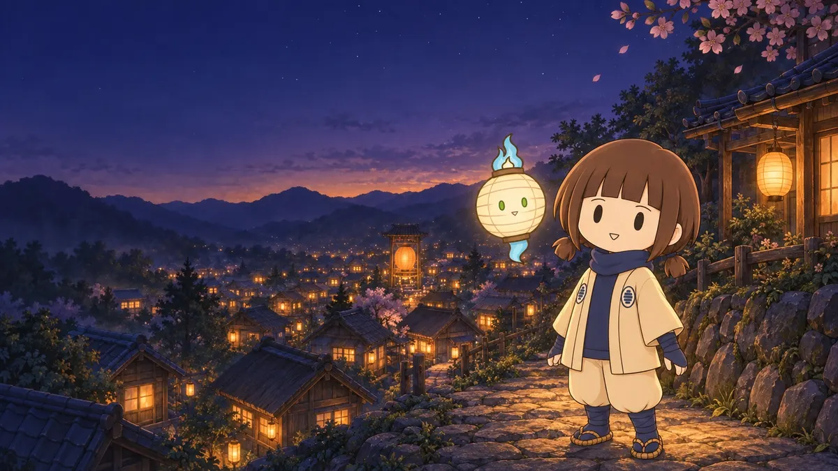夕暮れの里と、満開の桜。ひぶくろと女の子。